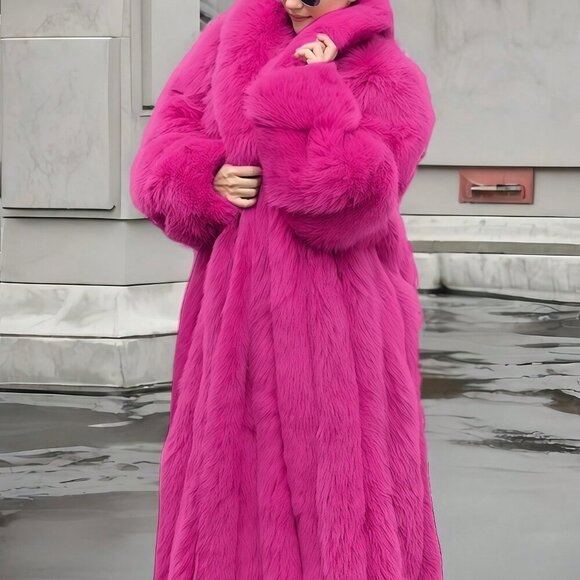 Fuchsia Women's Waterfall Neckline Long Faux Fur Coat - Picture 8 of 8